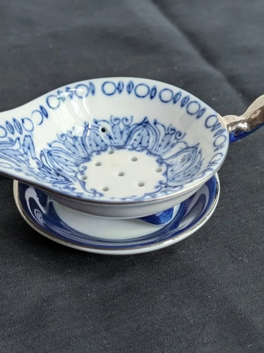 Vintage Bombay Company Blue & White Porcelain Tea Strainer with Drip Bowl